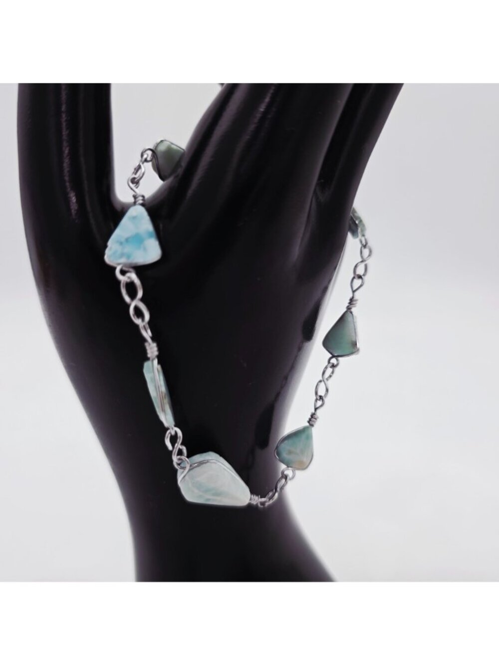 Triangle-Cut Larimar Gemstone Bracelet Sterling Silver Chain 8 Inches - Picture 6 of 7